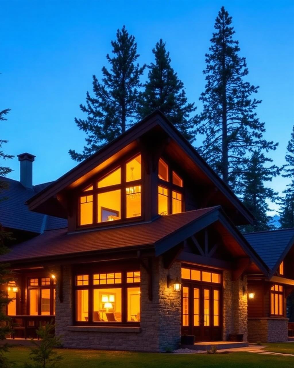 Warmly lit resort cottage among pine trees at dusk