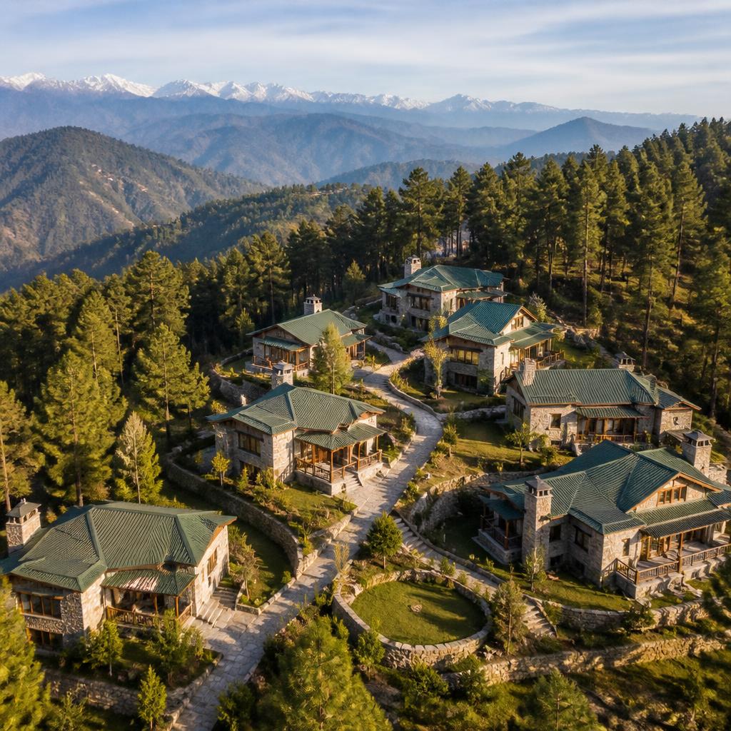 Aerial view of the resort nestled in the hills