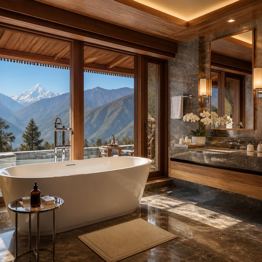 Luxury bathroom with forest views