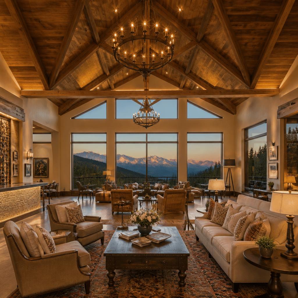 Elegant resort lobby with mountain views