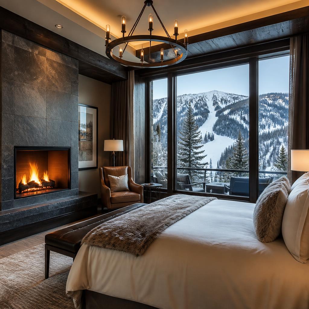 Cozy winter room with snow views